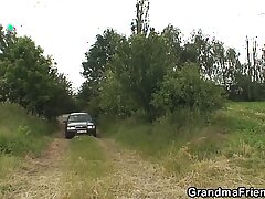 Aged granny in all directions outdoor threesome fuck