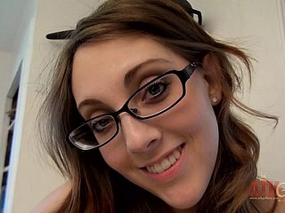 Hot pessimistic in glasses Nickey Hunter fingerbangs her wet pussy moaning with the addition of orgasming